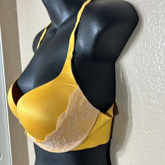 Victoria’s Secret 34D push up front clasp cross back lace yellow shimmer bra - Picture 2 of 5